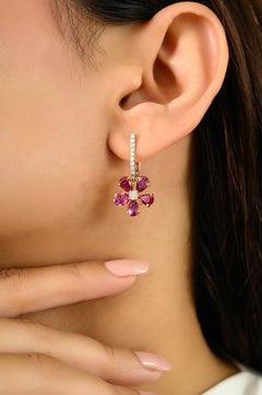 Floral Ruby & Diamond Drop Earrings with Lever-Back Closure 18k Two Tone Gold