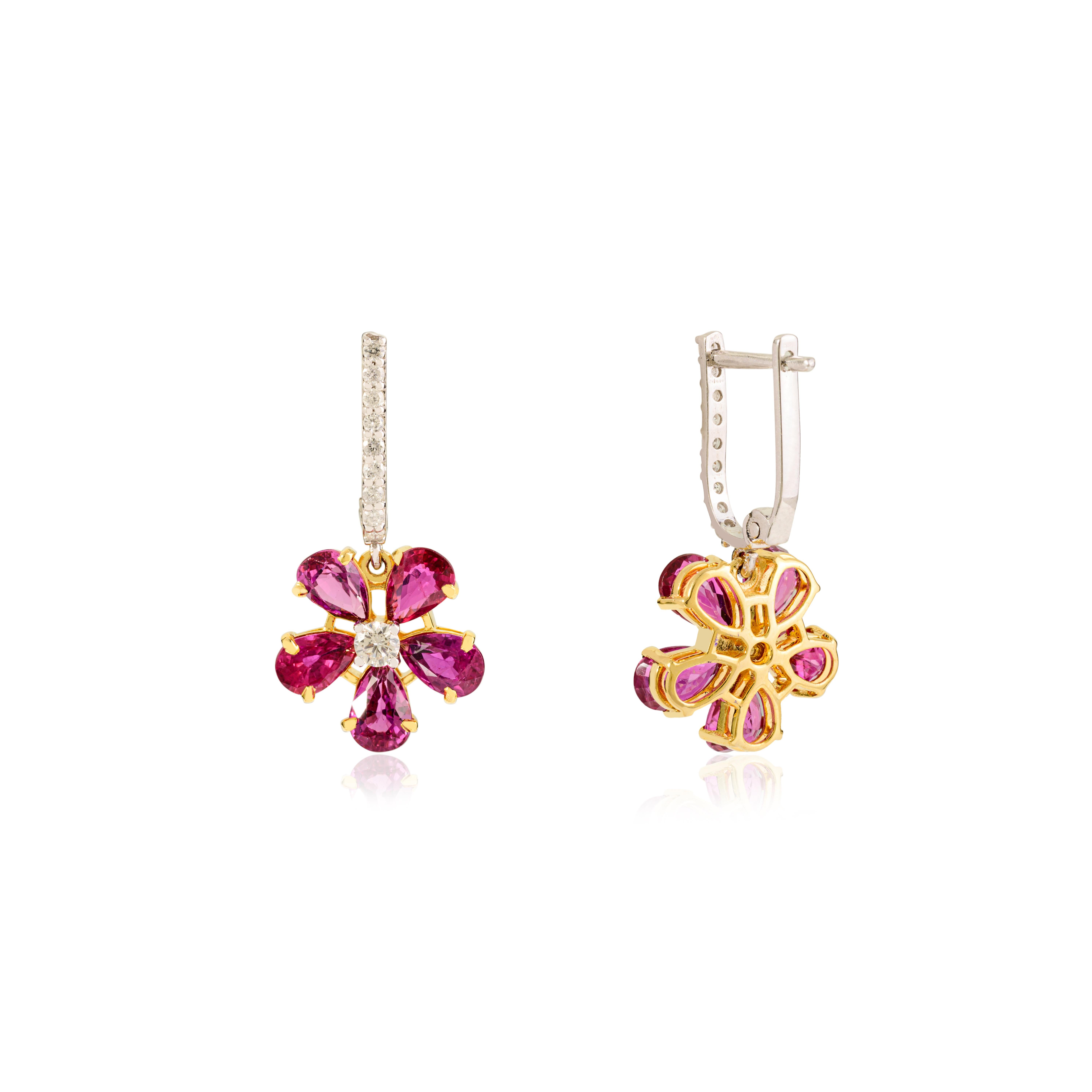 Pendientes Florales de Rubí y Diamantes con Cierre de Palanca Oro Bicolor 18k en venta 1