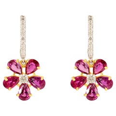 Pendientes Florales de Rubí y Diamantes con Cierre de Palanca Oro Bicolor 18k