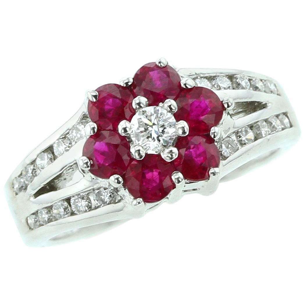 Floral Ruby Ring with Diamonds in 14 Karat White Gold