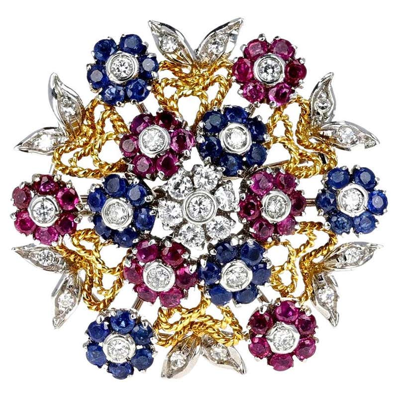 Floral Ruby, Sapphire and Diamond Brooch in 18K Yellow and White Gold ...