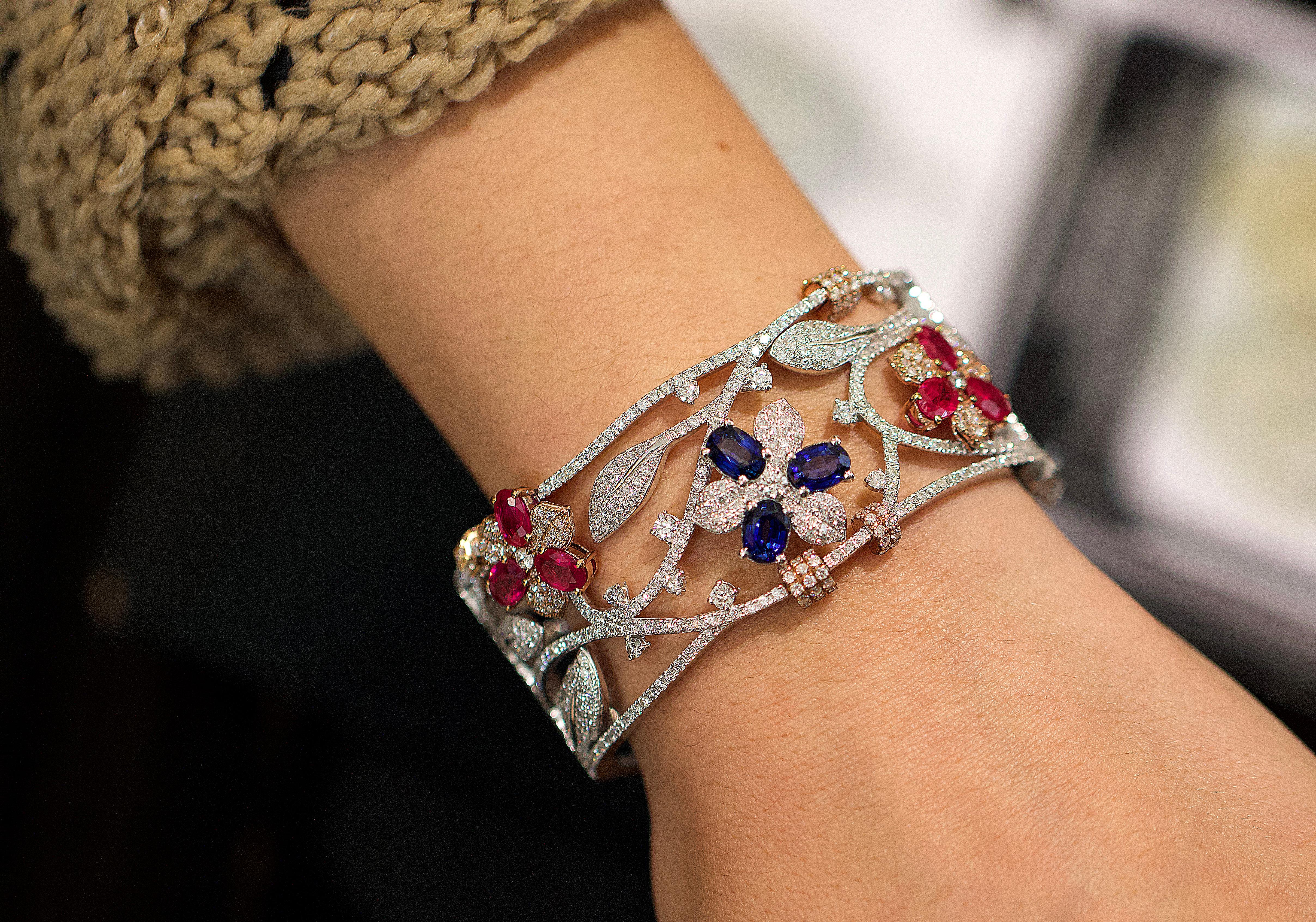 Modern Floral Ruby Sapphire Diamond Bracelet 18 Karat Gold