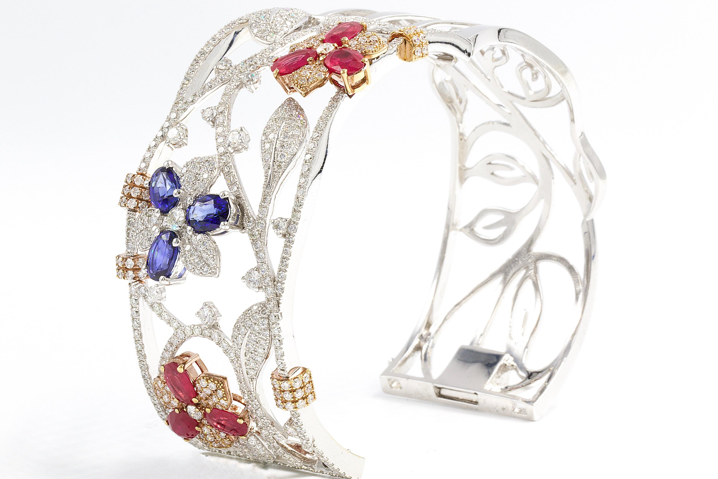 Oval Cut Floral Ruby Sapphire Diamond Bracelet 18 Karat Gold