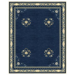 Floral Rug Chinese Style Natural Wool Silk, Floating Lotus River Blue, in Stock