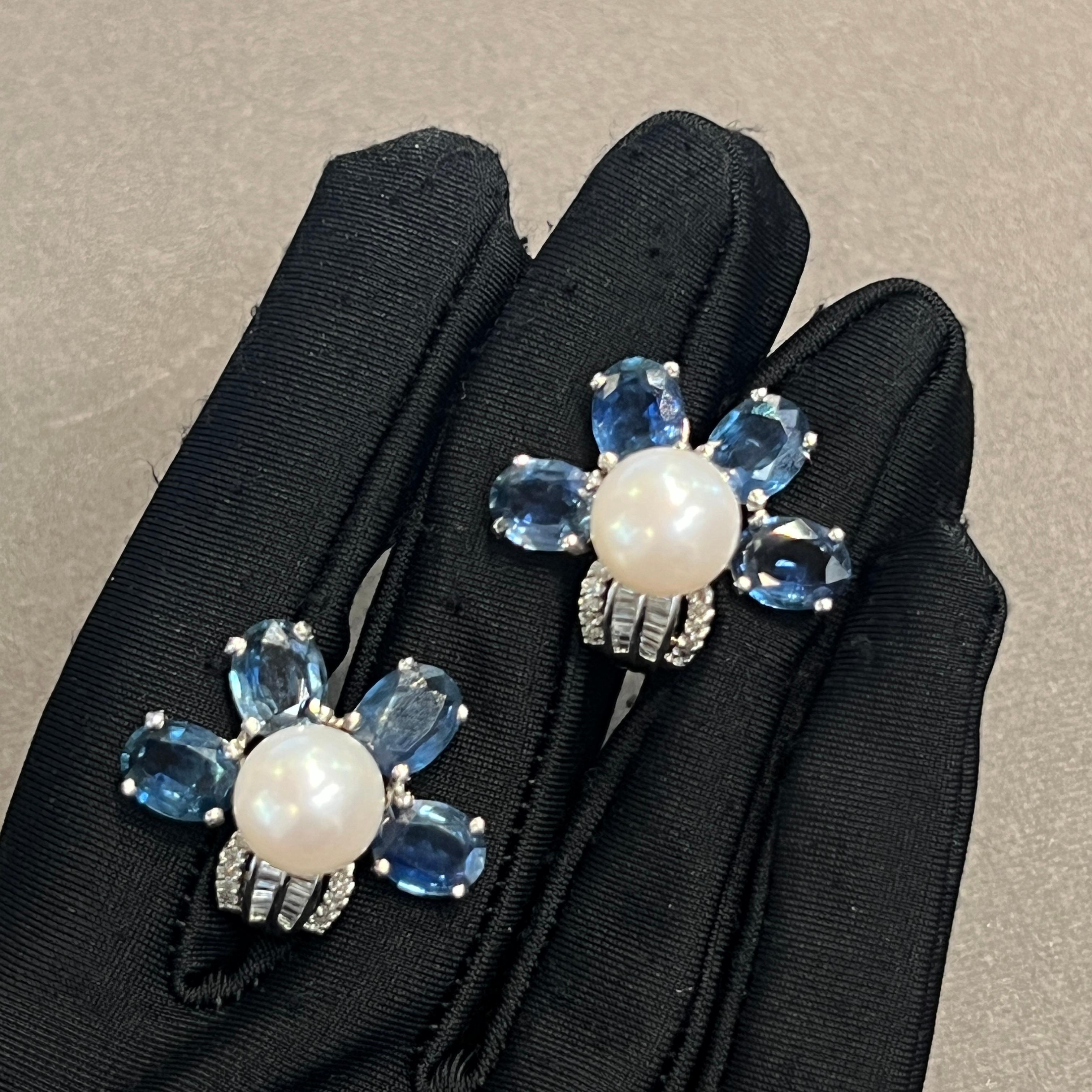 Oval Cut Floral Sapphire and Pearl Earrings For Sale