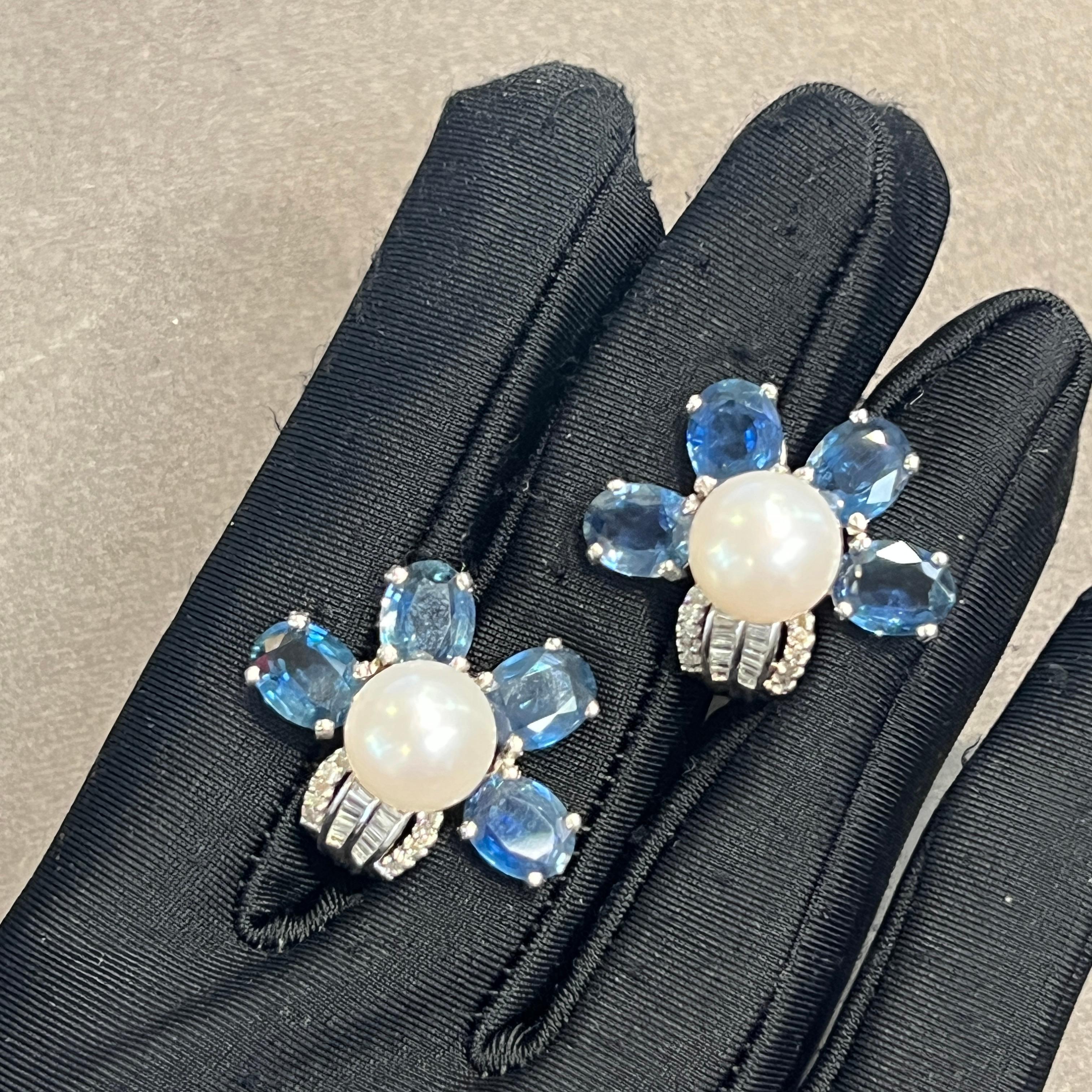 Floral Sapphire and Pearl Earrings In Excellent Condition For Sale In New York, NY