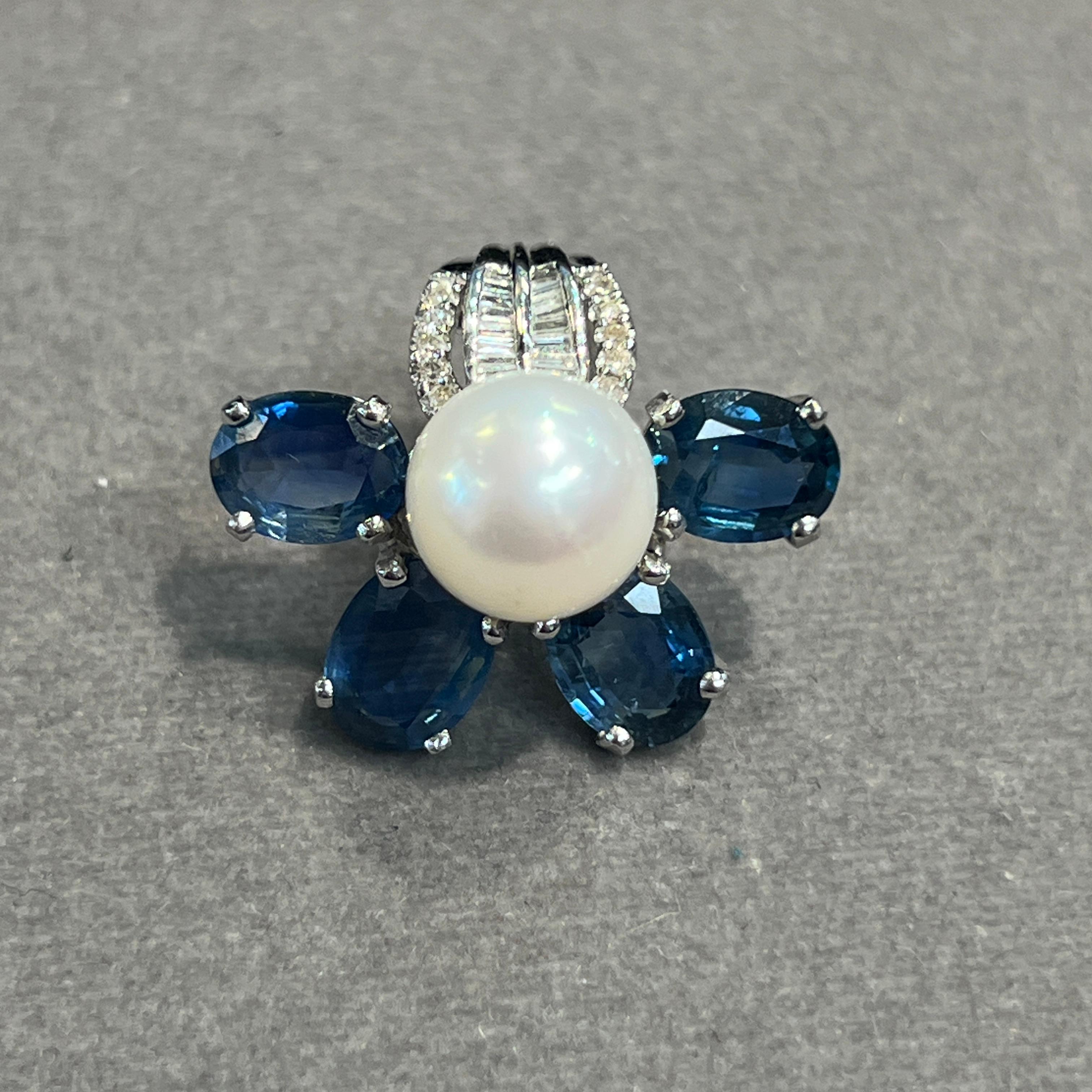 Floral Sapphire and Pearl Earrings For Sale 2