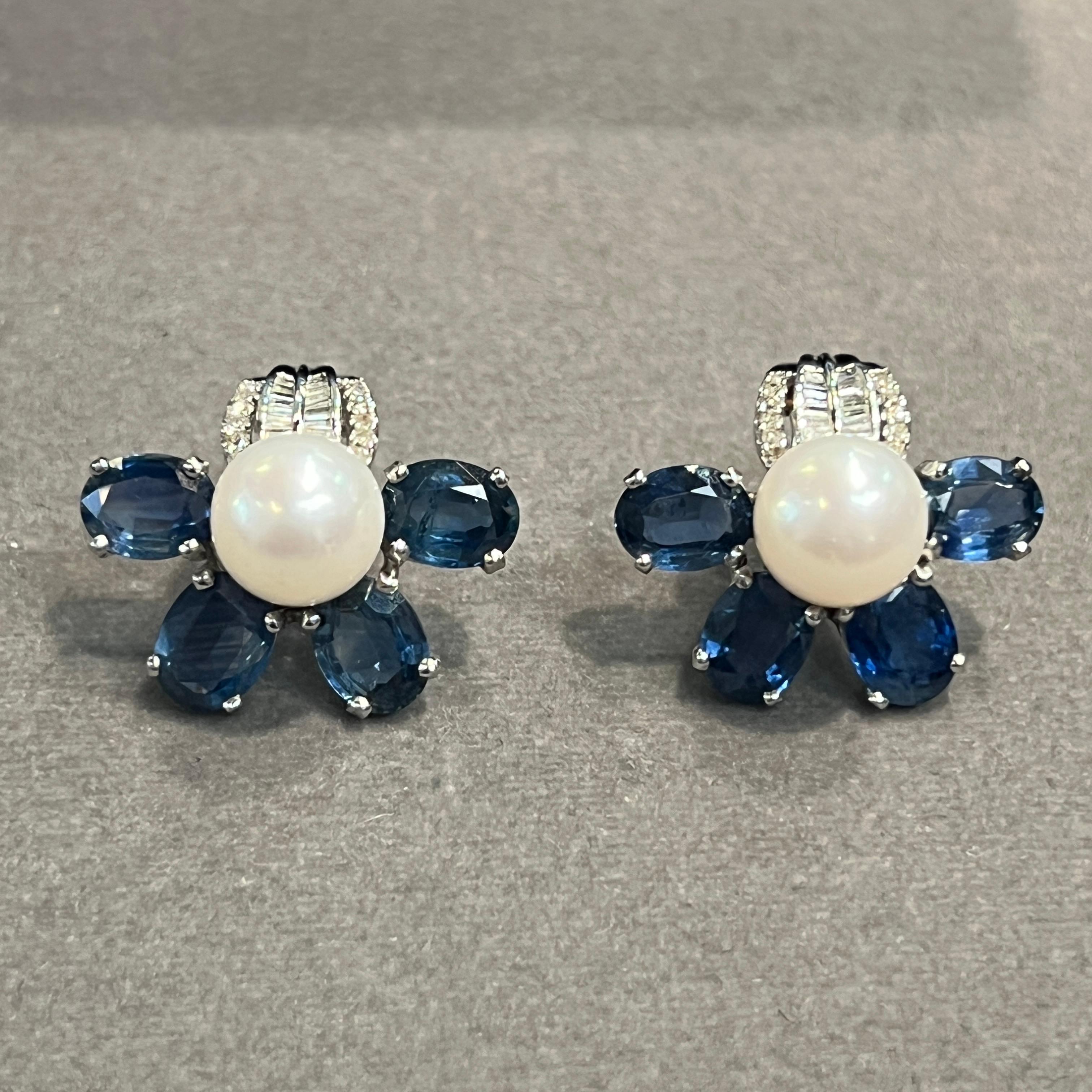Floral Sapphire and Pearl Earrings For Sale 3
