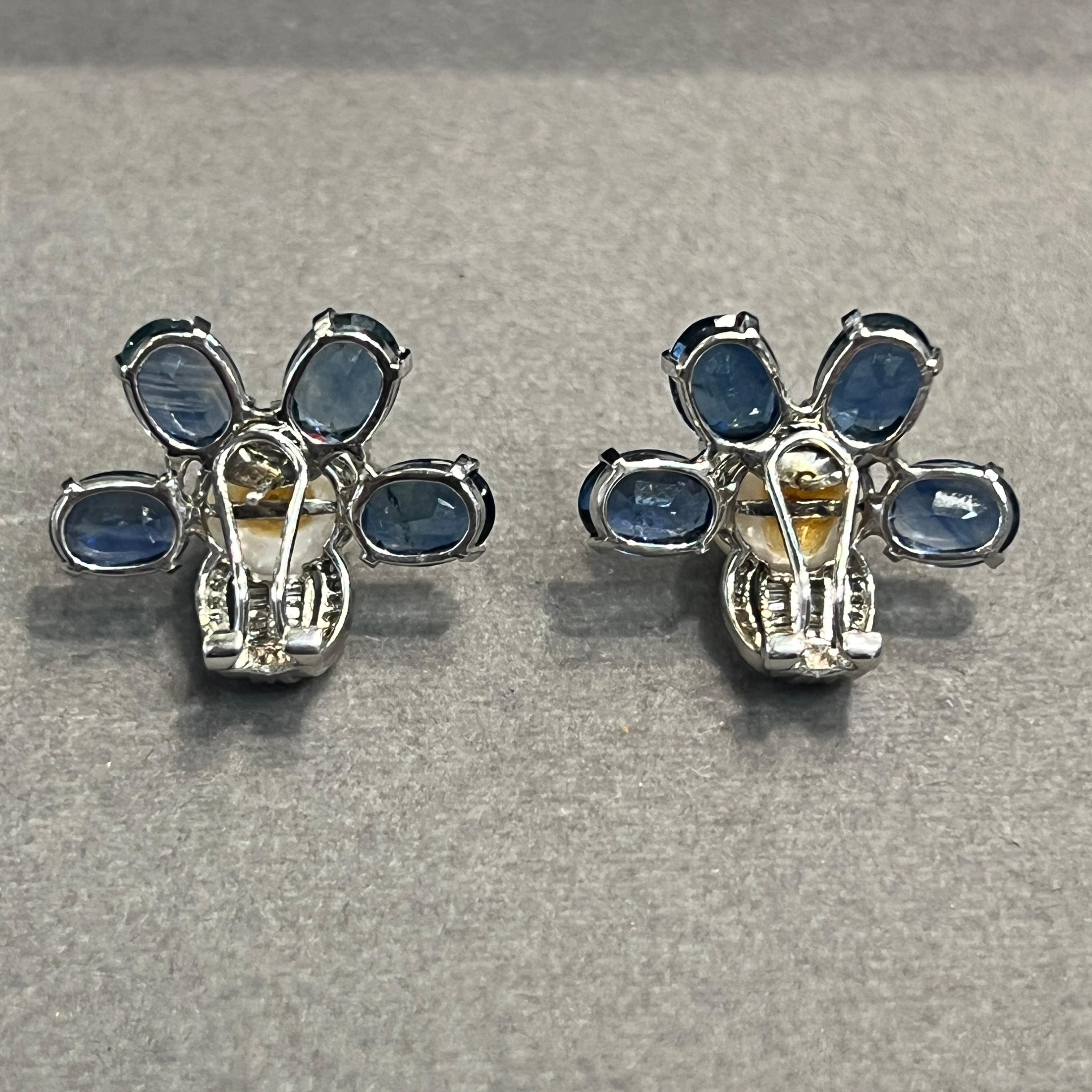 Floral Sapphire and Pearl Earrings For Sale 4
