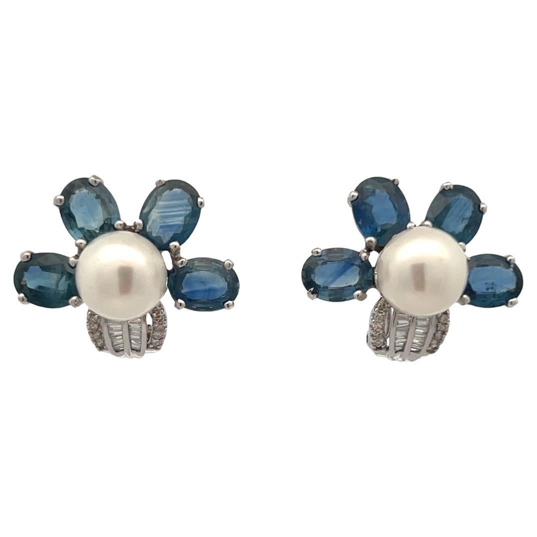 Floral Sapphire and Pearl Earrings For Sale