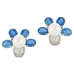 Pendientes florales de zafiro y perlas