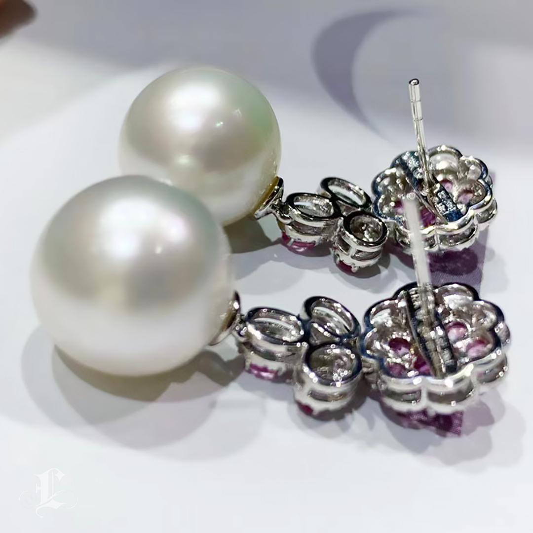 【Vine Symphony】Floral Sapphire Aurora South Sea Pearl Diamond Evening Earrings For Sale 1