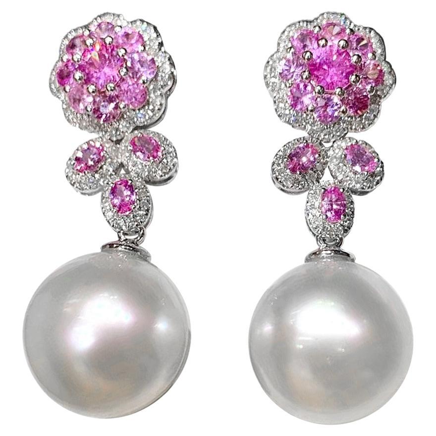 【Vine Symphony】Floral Sapphire Aurora South Sea Pearl Diamond Evening Earrings