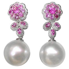 【Vine Symphony】Floral Sapphire Aurora South Sea Pearl Diamond Evening Earrings