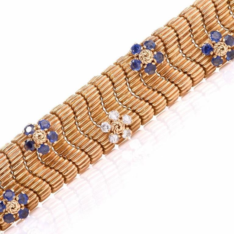 Round Cut Floral Sapphire Diamond Yellow Gold Snake Bracelet