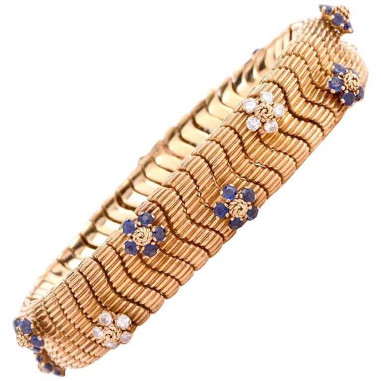 Floral Sapphire Diamond Yellow Gold Snake Bracelet