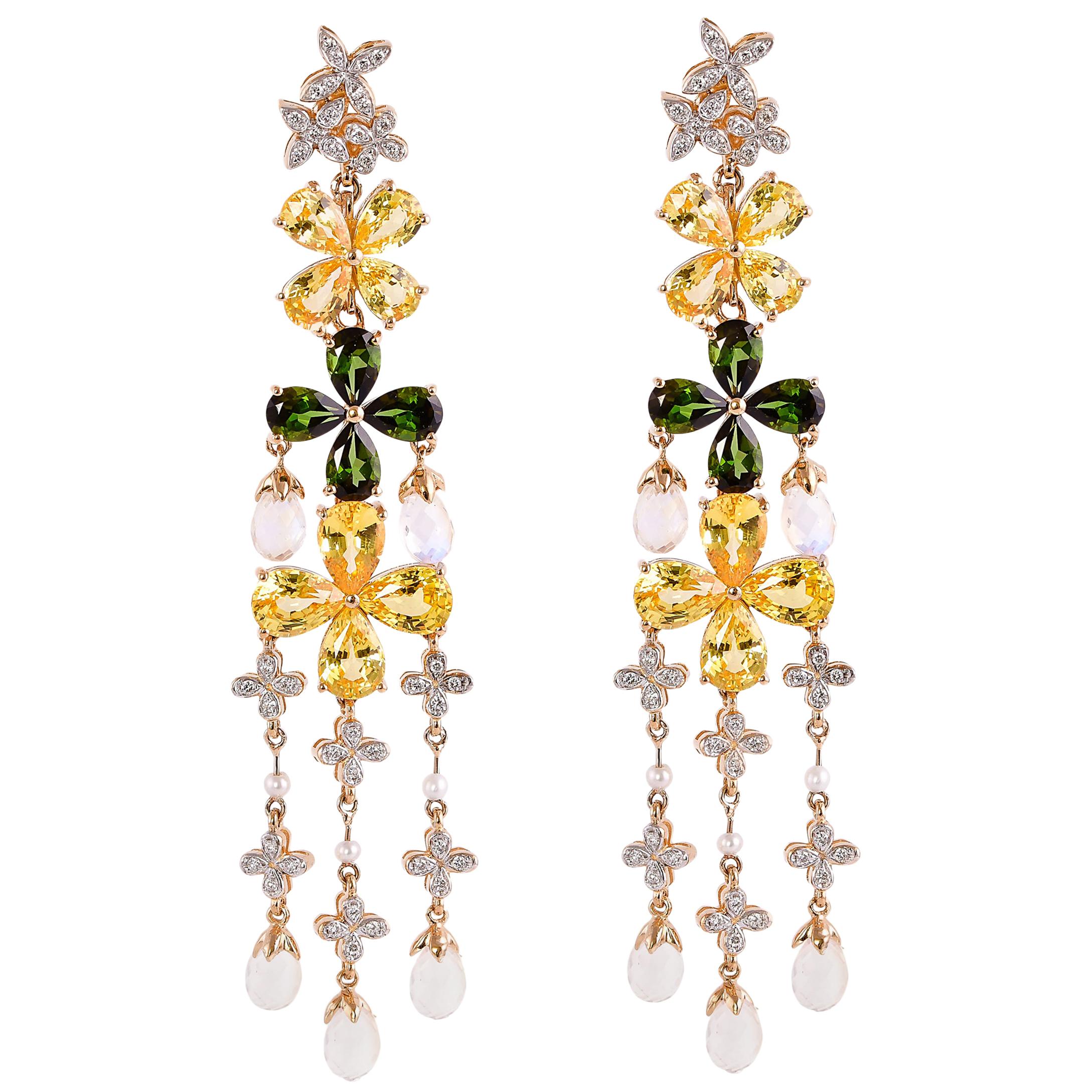 Sunita Nahata Floral Sapphire Tourmaline Moonstone & Diamond Earring in 18KYG