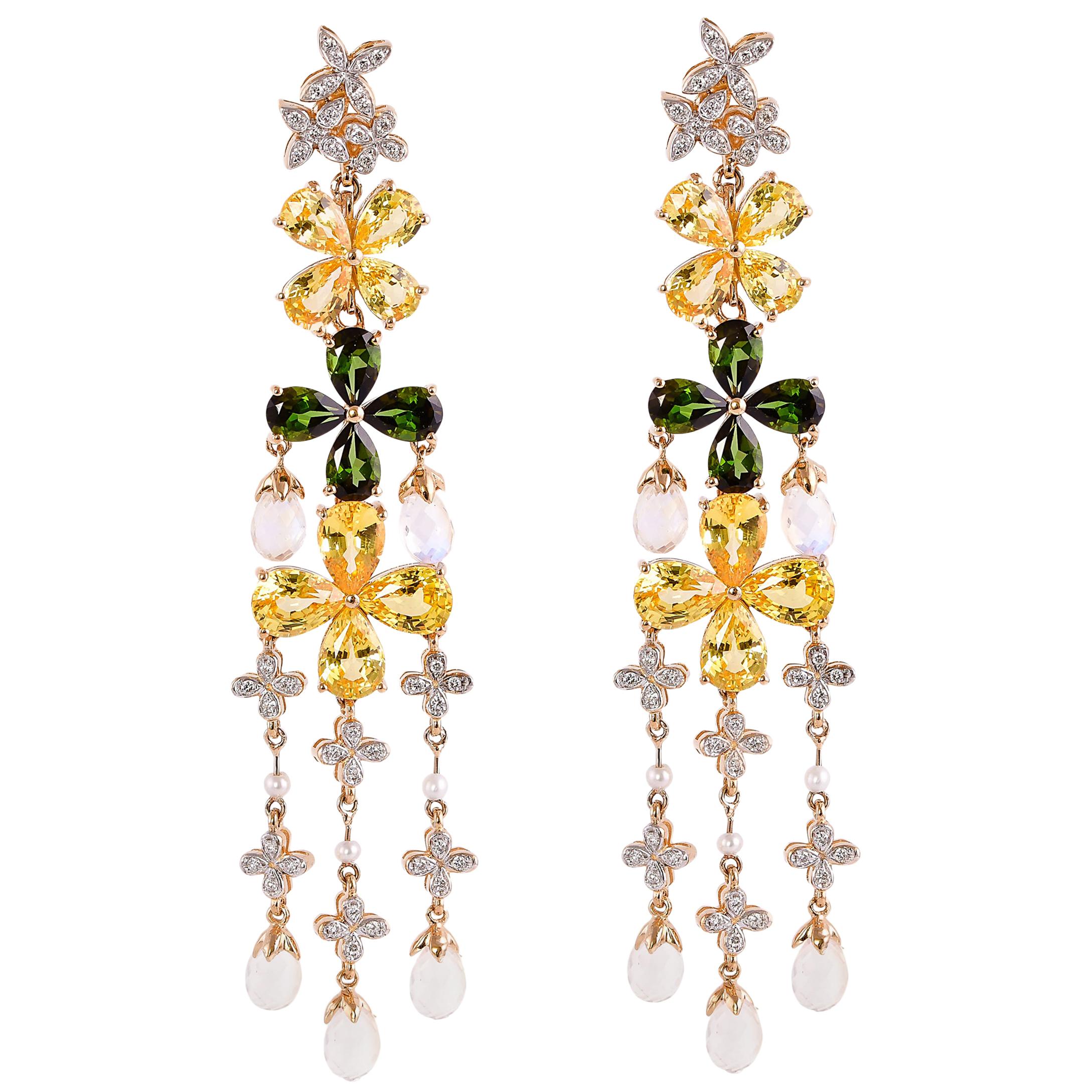 Floral Sapphire Tourmaline Moonstone and Diamond Earring in 18 Karat Yellow Gold For Sale