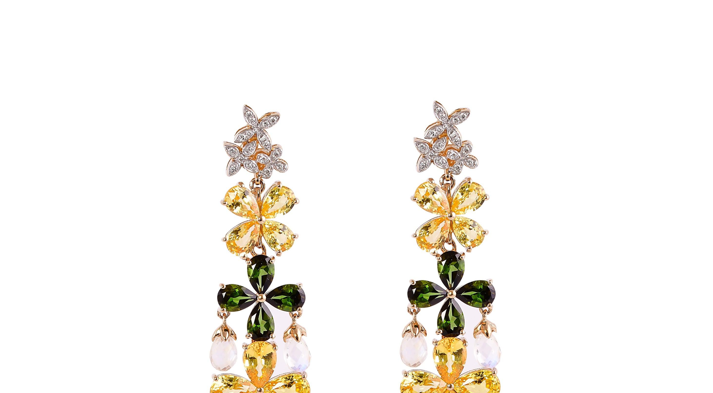 Contemporary Floral Sapphire Tourmaline Moonstone and Diamond Earring in 18 Karat Yellow Gold For Sale
