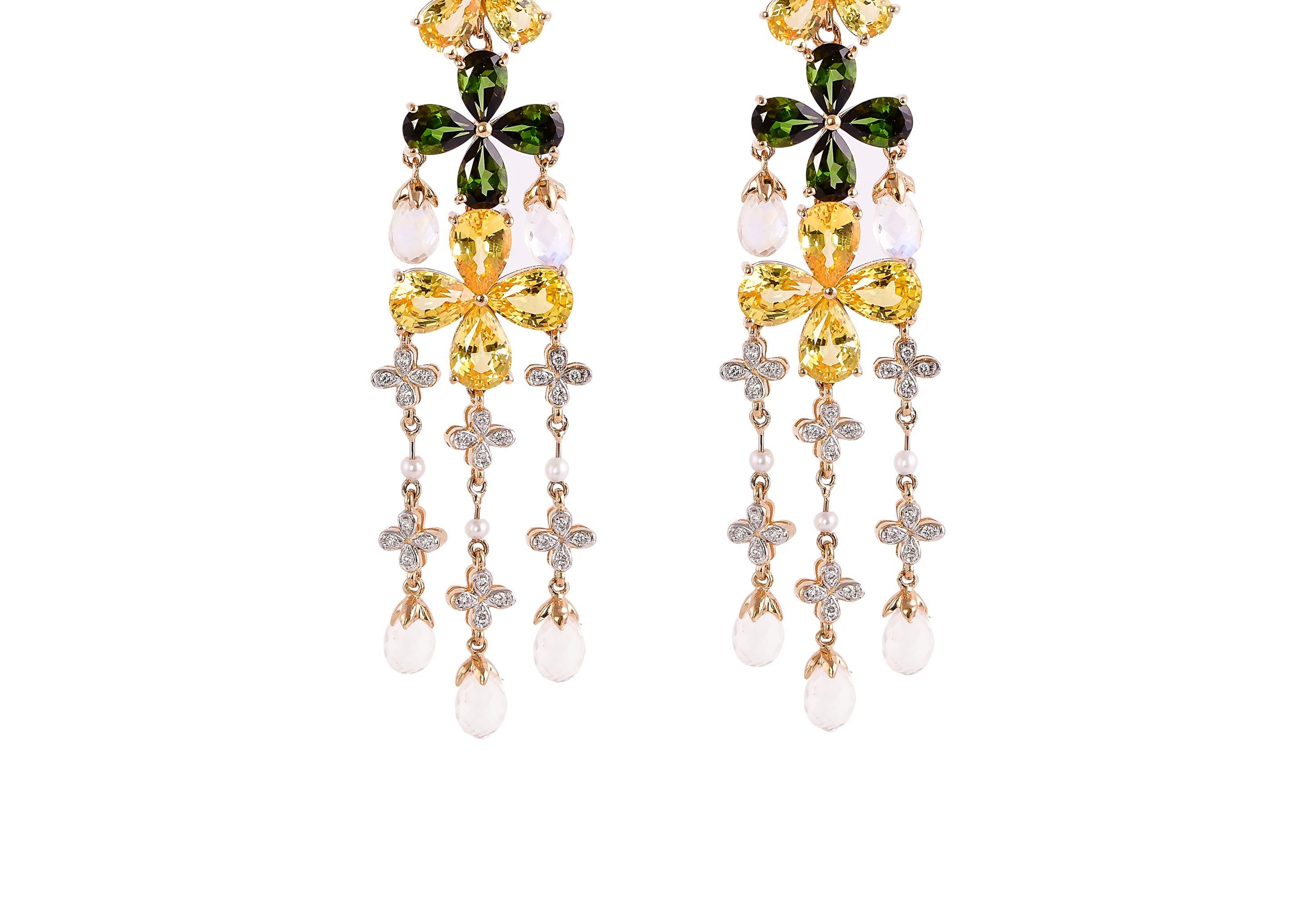 Mixed Cut Floral Sapphire Tourmaline Moonstone and Diamond Earring in 18 Karat Yellow Gold For Sale