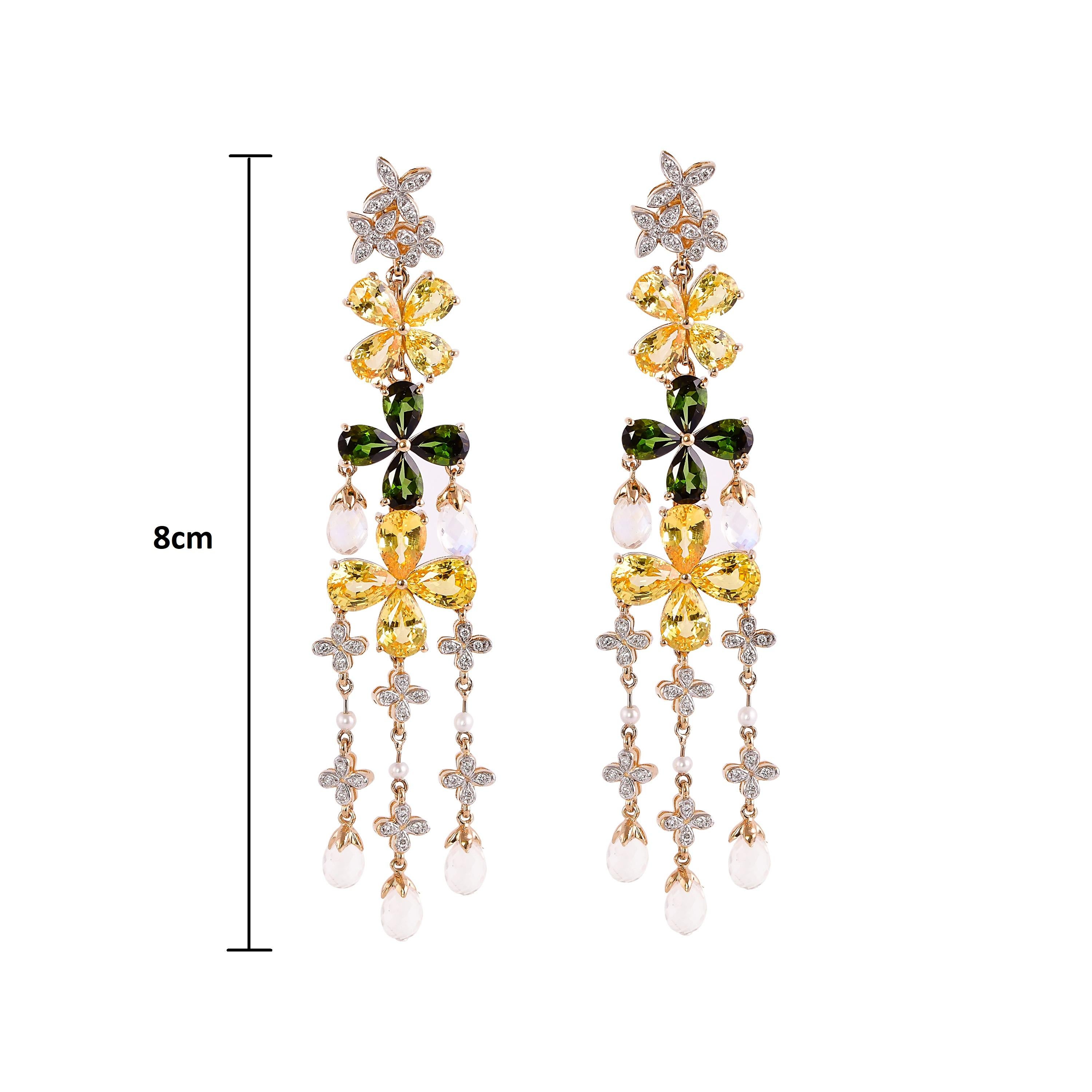 Sunita Nahata, boucles d'oreilles fleuries en or 18 carats, saphir, tourmaline, pierre de lune et diamants en vente 1
