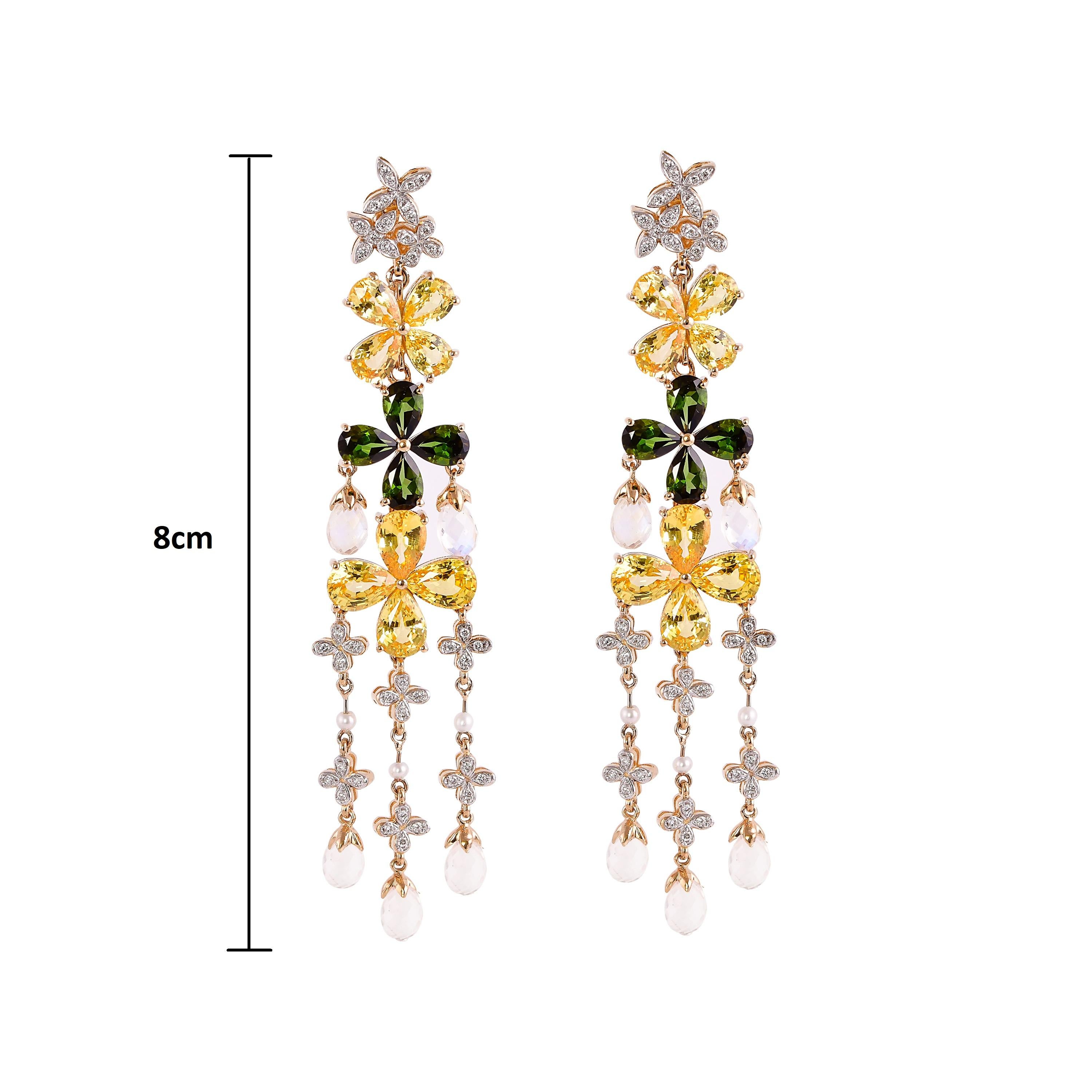 Floral Sapphire Tourmaline Moonstone and Diamond Earring in 18 Karat Yellow Gold For Sale 1