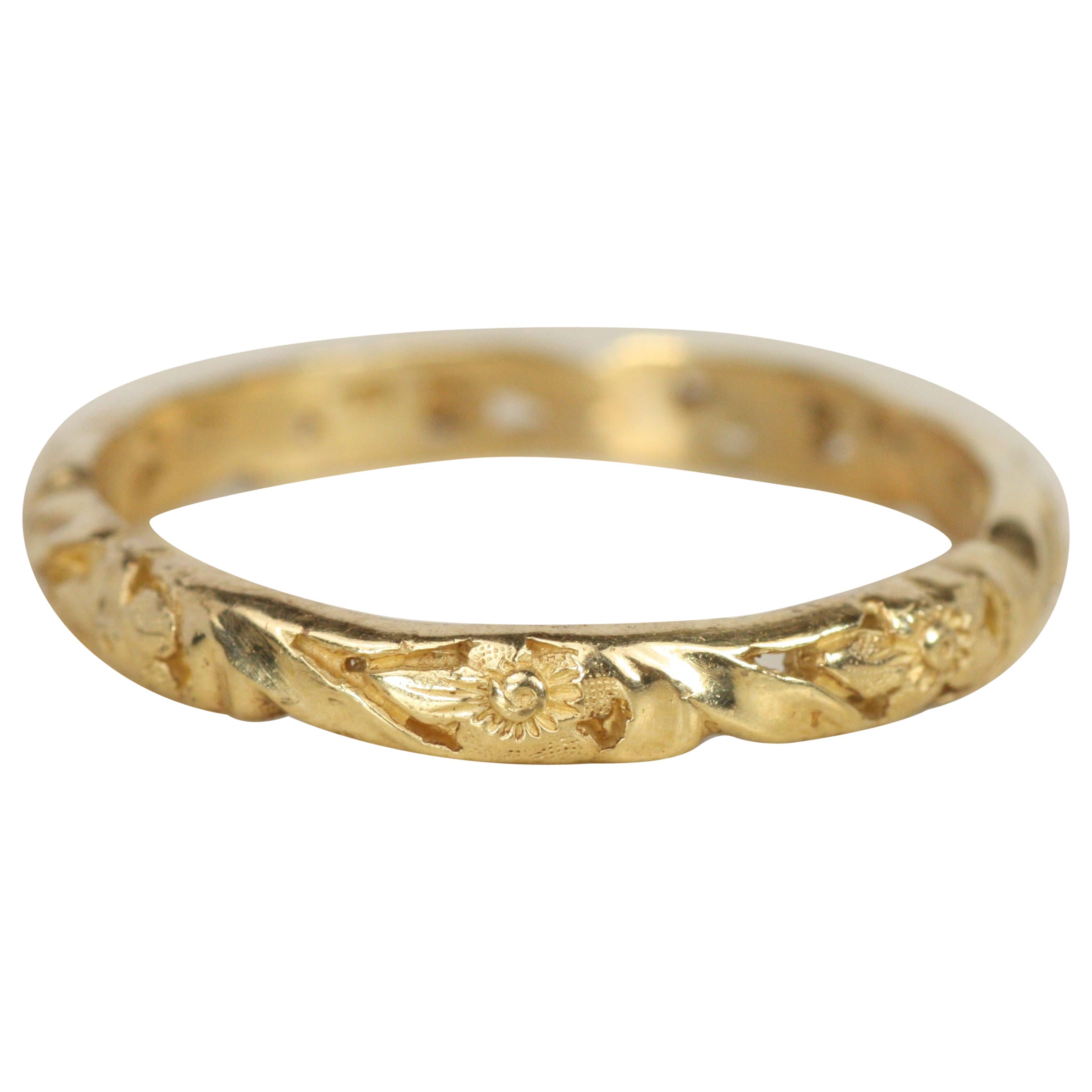 Florales, skulpturales, Vintage-inspiriertes Hochzeitsband aus Gelbgold