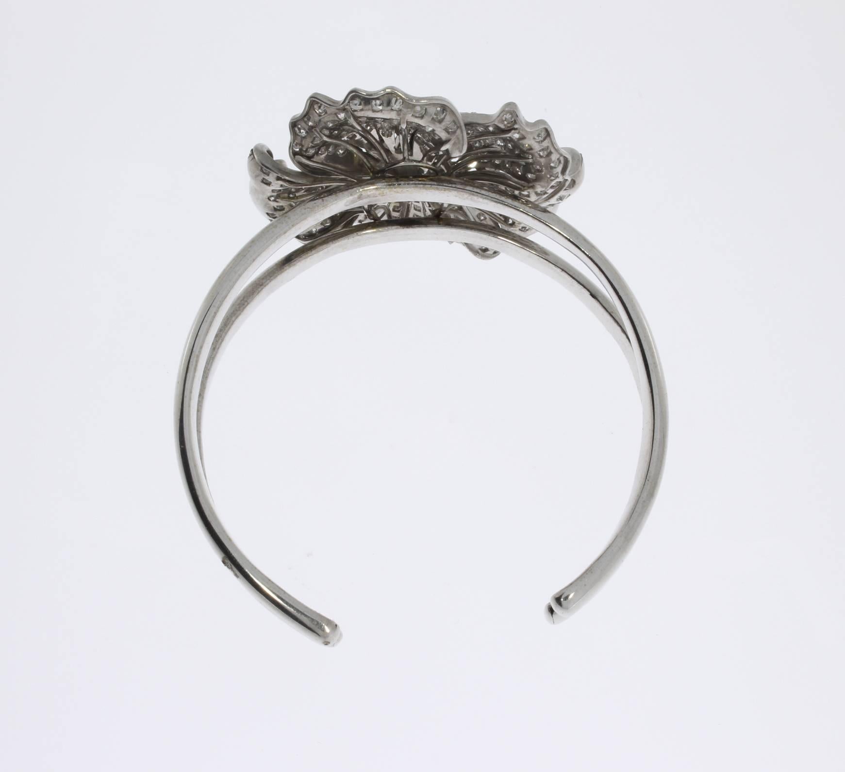 Women's Art Deco Diamond Gold Platinum Flower Bangle Bracelet For Sale