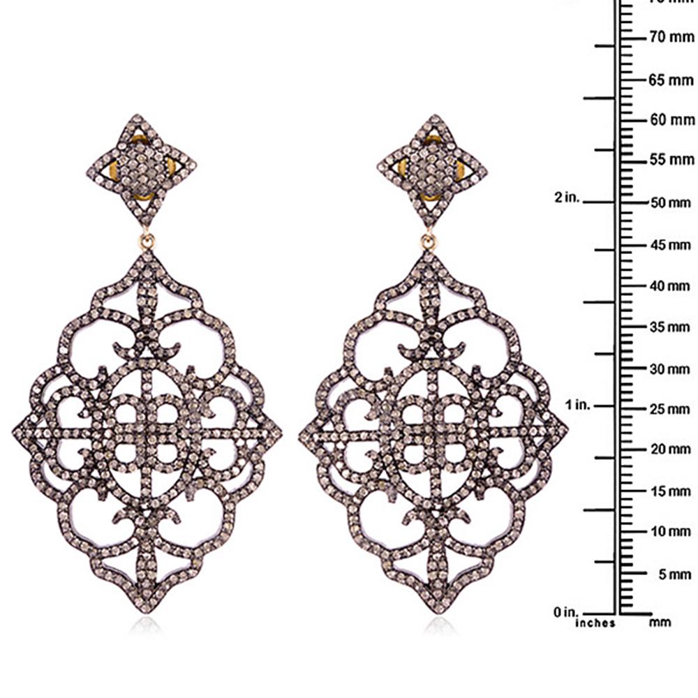 Round Cut Floral Shape Pave Diamond Dangle Earring in Gold & Silver For Sale