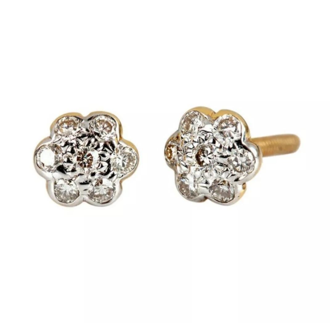 Art Deco Floral Shaped 14K Yellow Gold Natural Diamond Small Handmade Fine Jewelry Gift For Sale