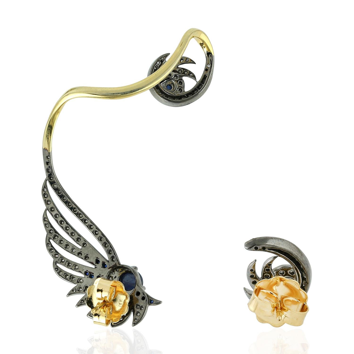 Artisan Floral Shaped Pave Diamond & Blue Sapphire Ear cuffs In 18k Yellow Gold & Silver For Sale