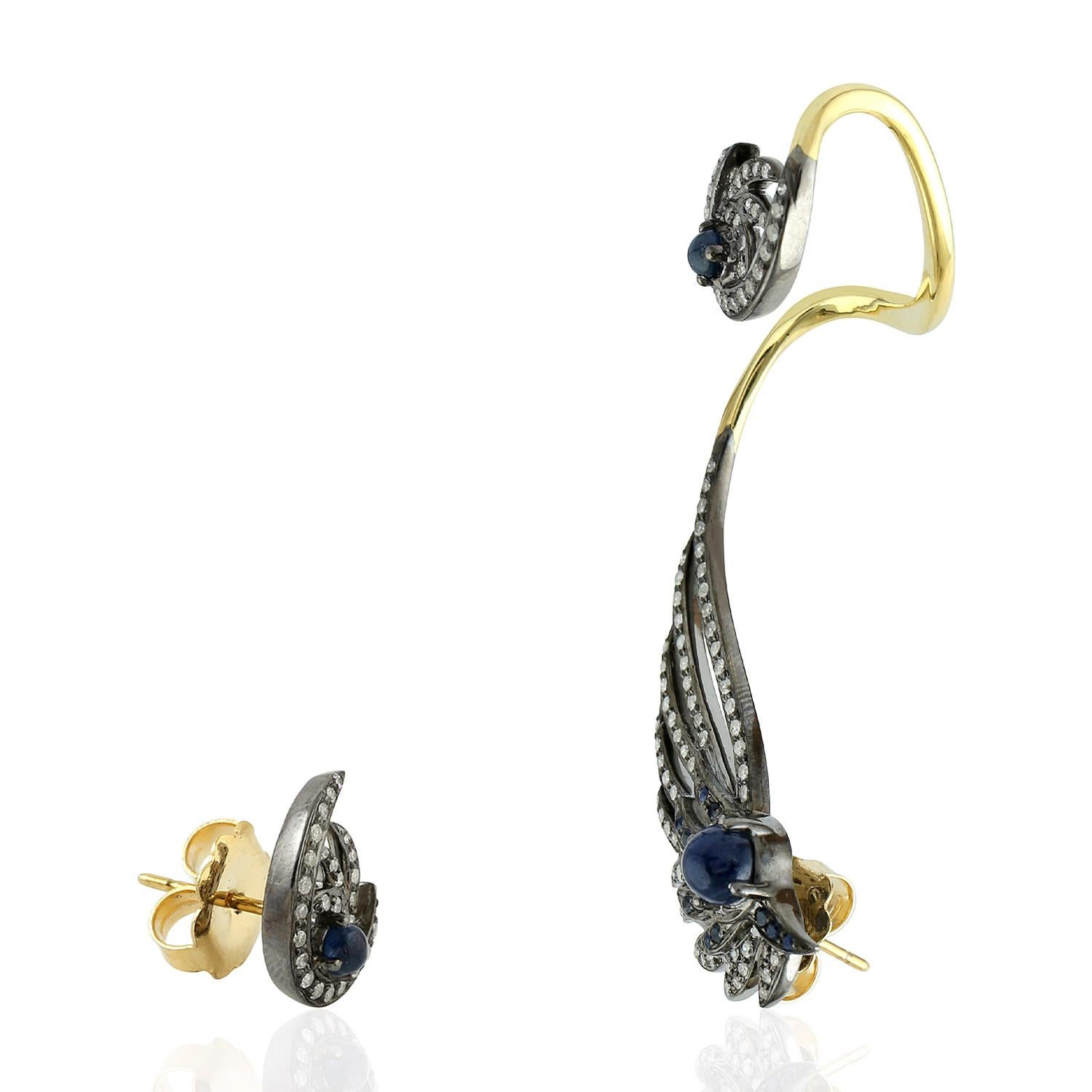 Mixed Cut Floral Shaped Pave Diamond & Blue Sapphire Ear cuffs In 18k Yellow Gold & Silver For Sale