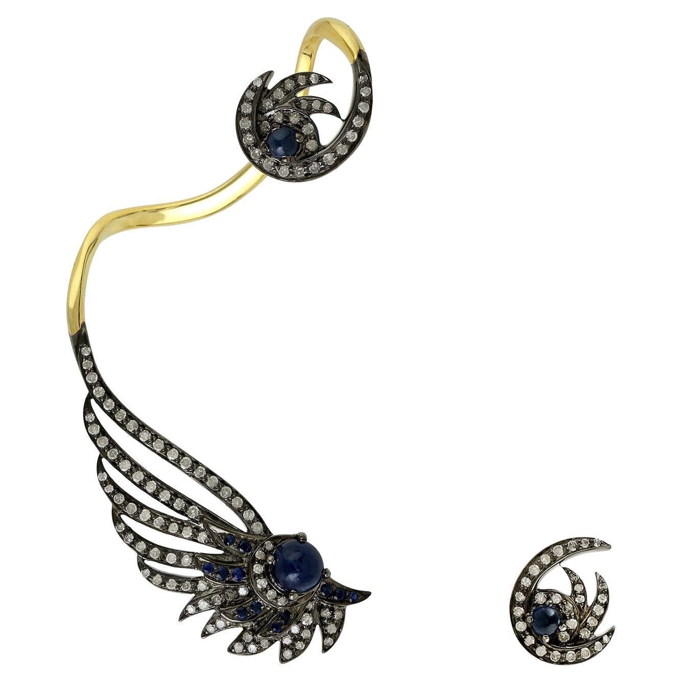 Floral Shaped Pave Diamond & Blue Sapphire Ear cuffs In 18k Yellow Gold & Silver For Sale