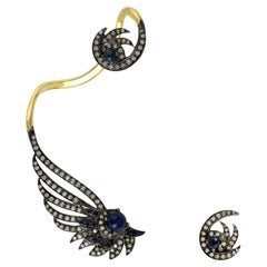 Bracciali con orecchie a forma di fiore con diamanti e zaffiri blu in oro giallo 18k e argento