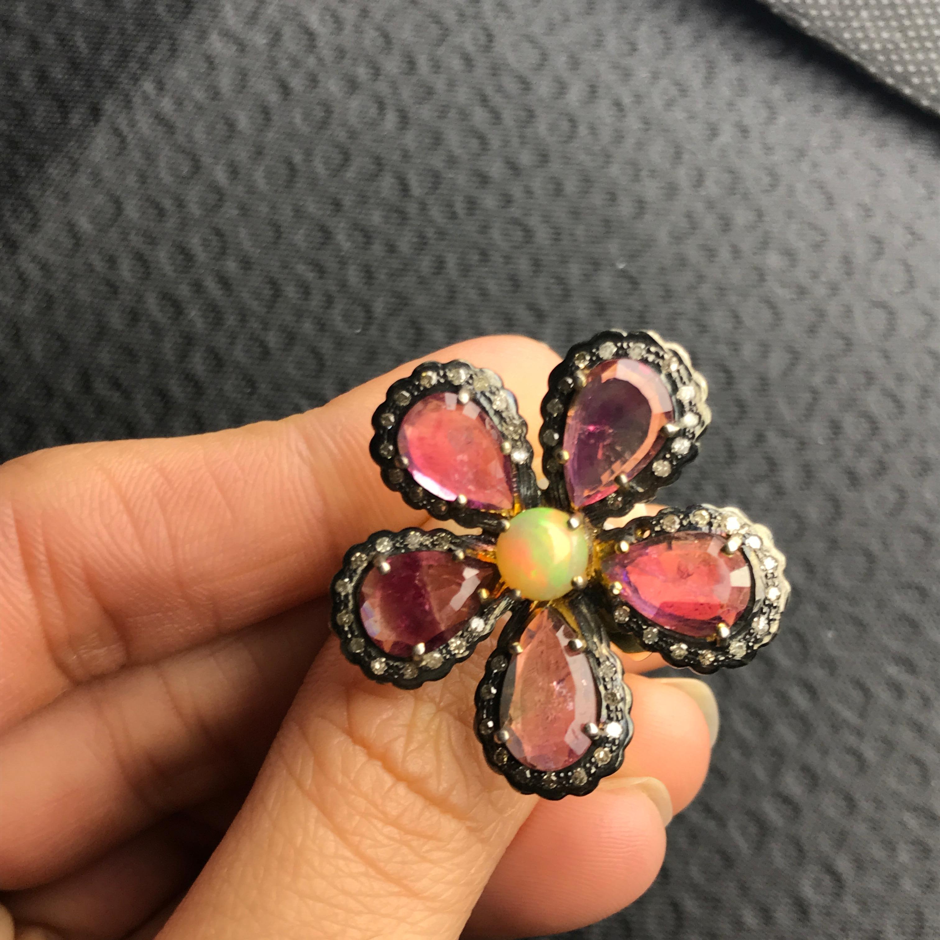 Art Deco Floral Shaped Tourmaline and Opal Silver Cocktail Ring