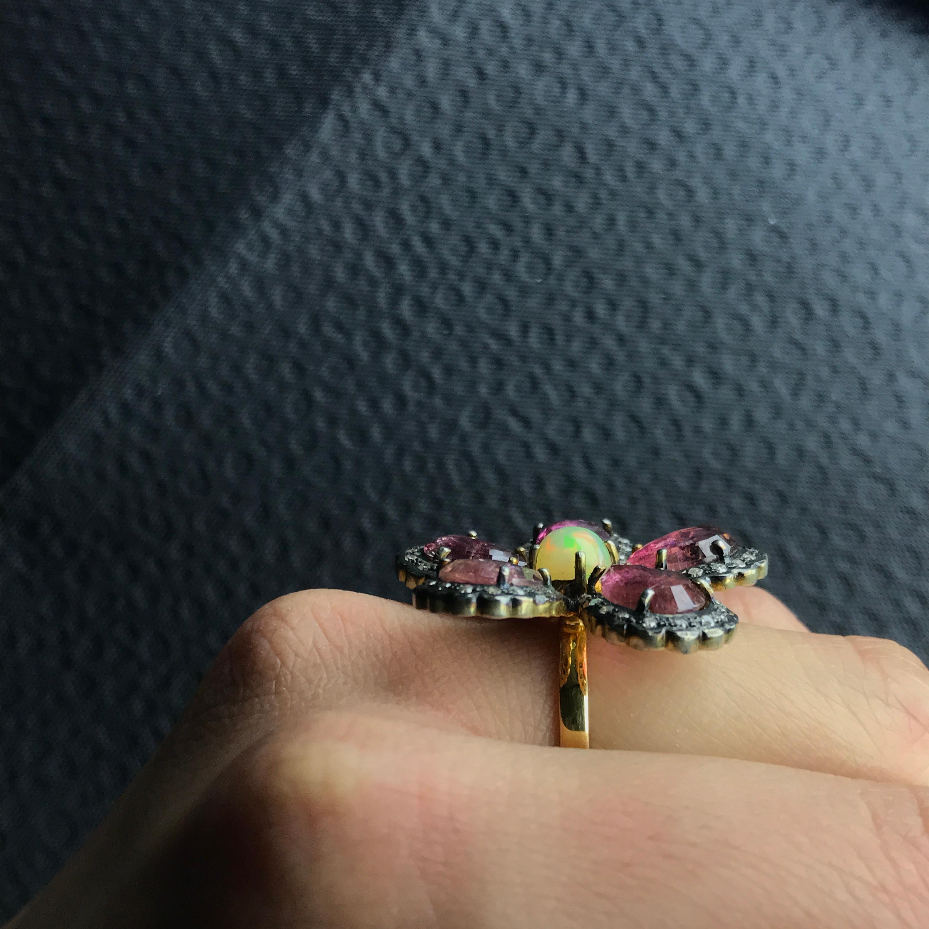 Floral Shaped Tourmaline and Opal Silver Cocktail Ring In New Condition In Bangkok, Thailand