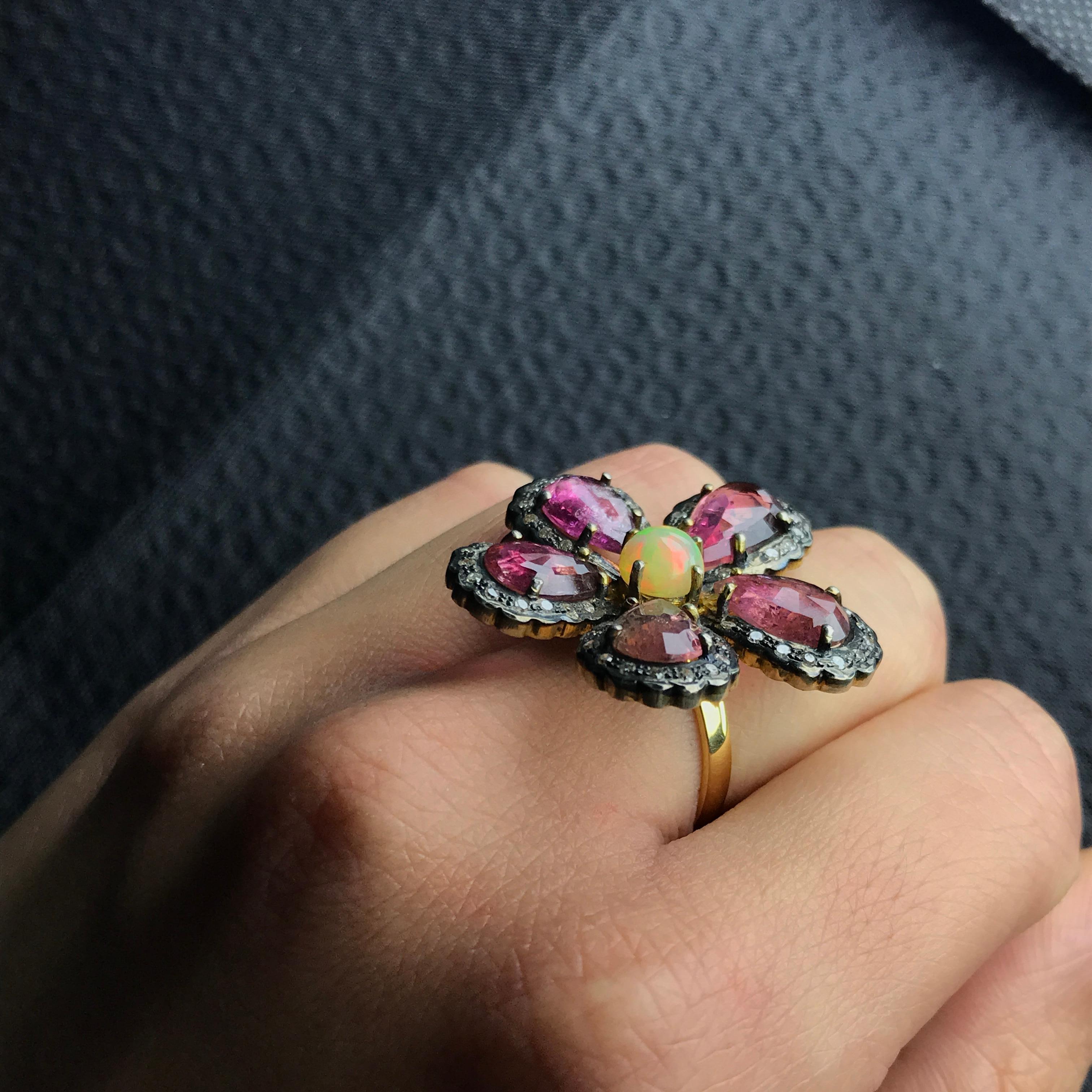 Women's Floral Shaped Tourmaline and Opal Silver Cocktail Ring