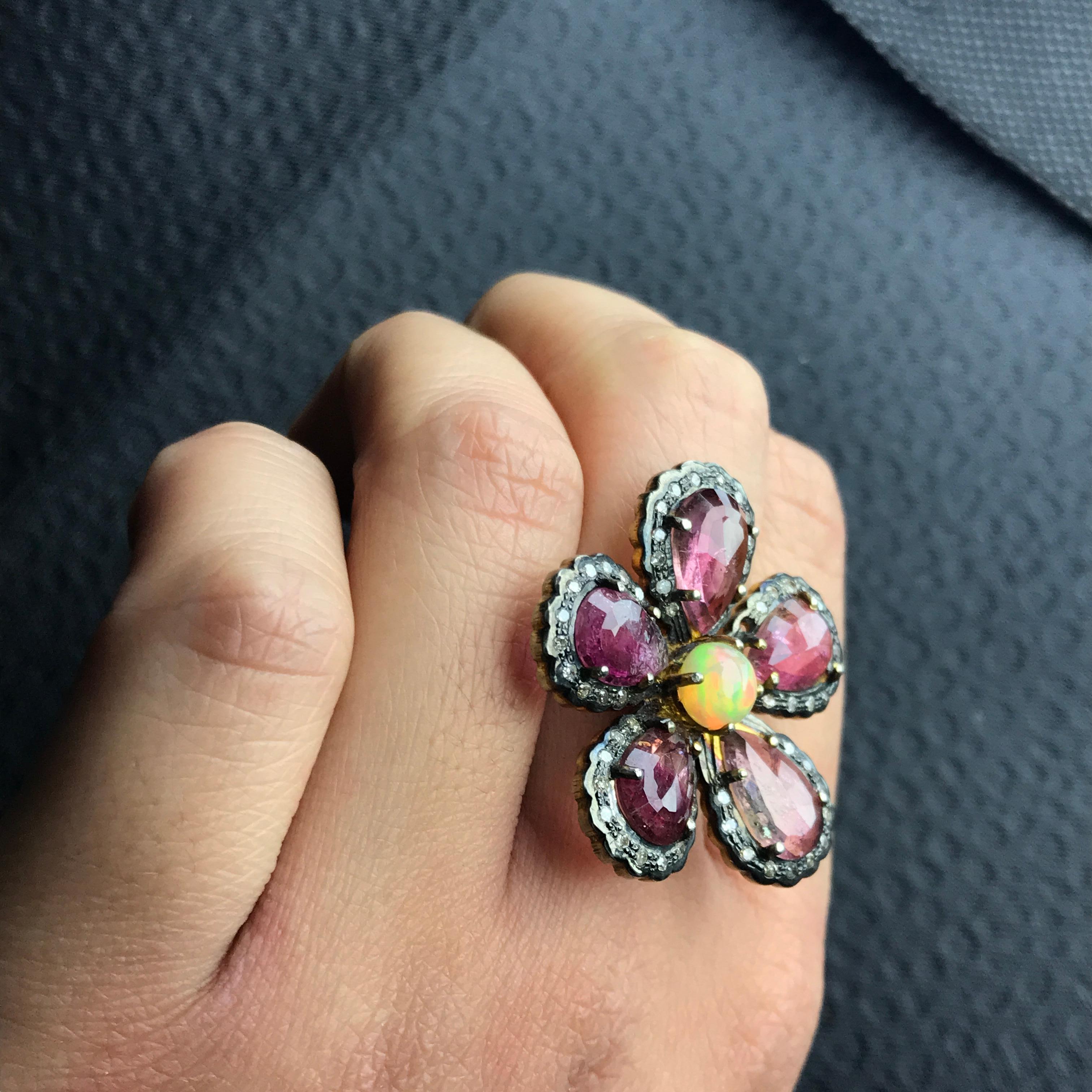 Floral Shaped Tourmaline and Opal Silver Cocktail Ring 1