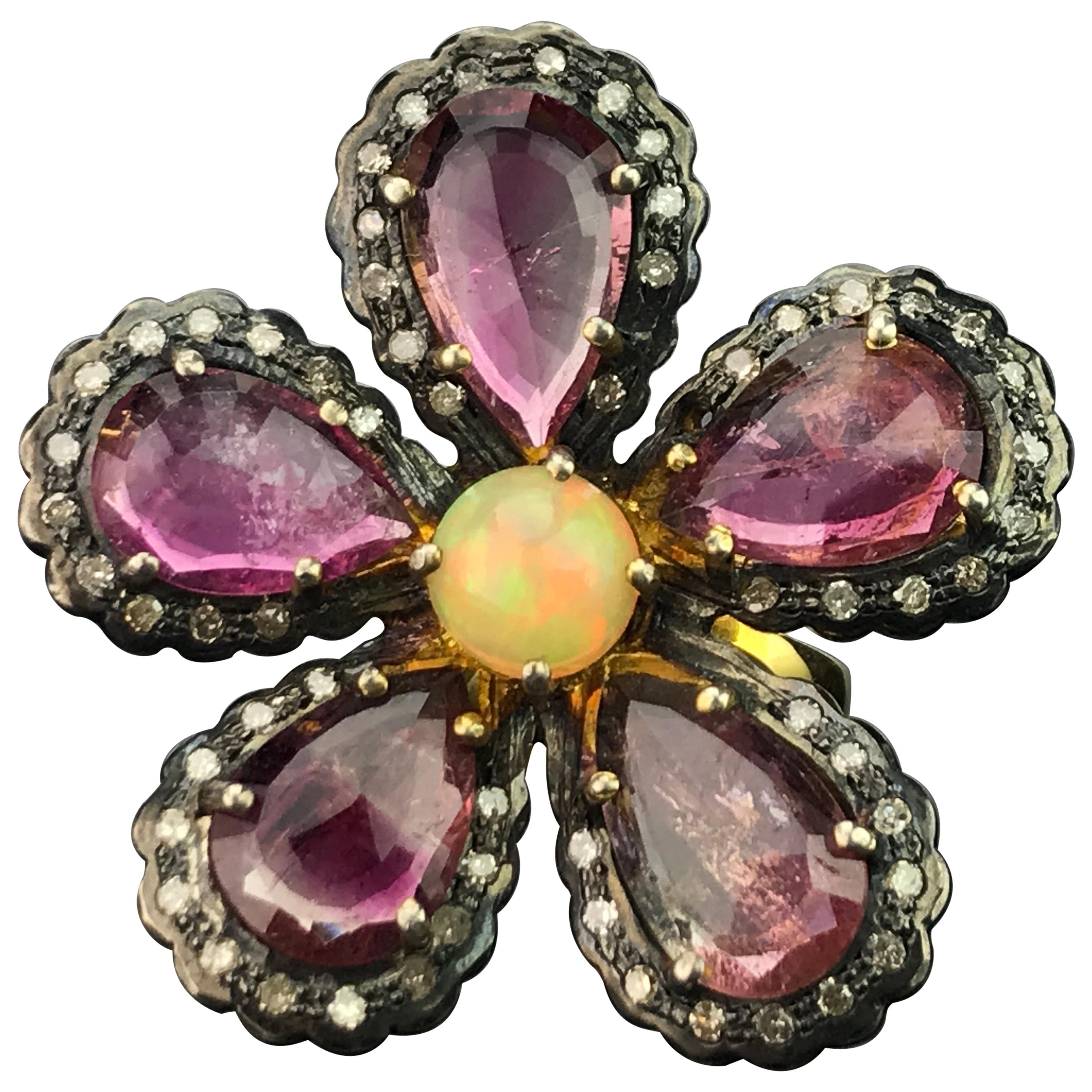 Floral Shaped Tourmaline and Opal Silver Cocktail Ring