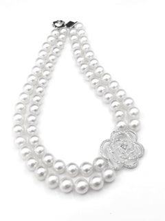 Floral Silhouette Diamond Pendant Double Strand White South Sea Pearl Necklace