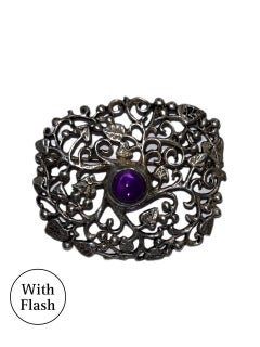 Floral Silver Brooch with Purple Cabochon Center Signed