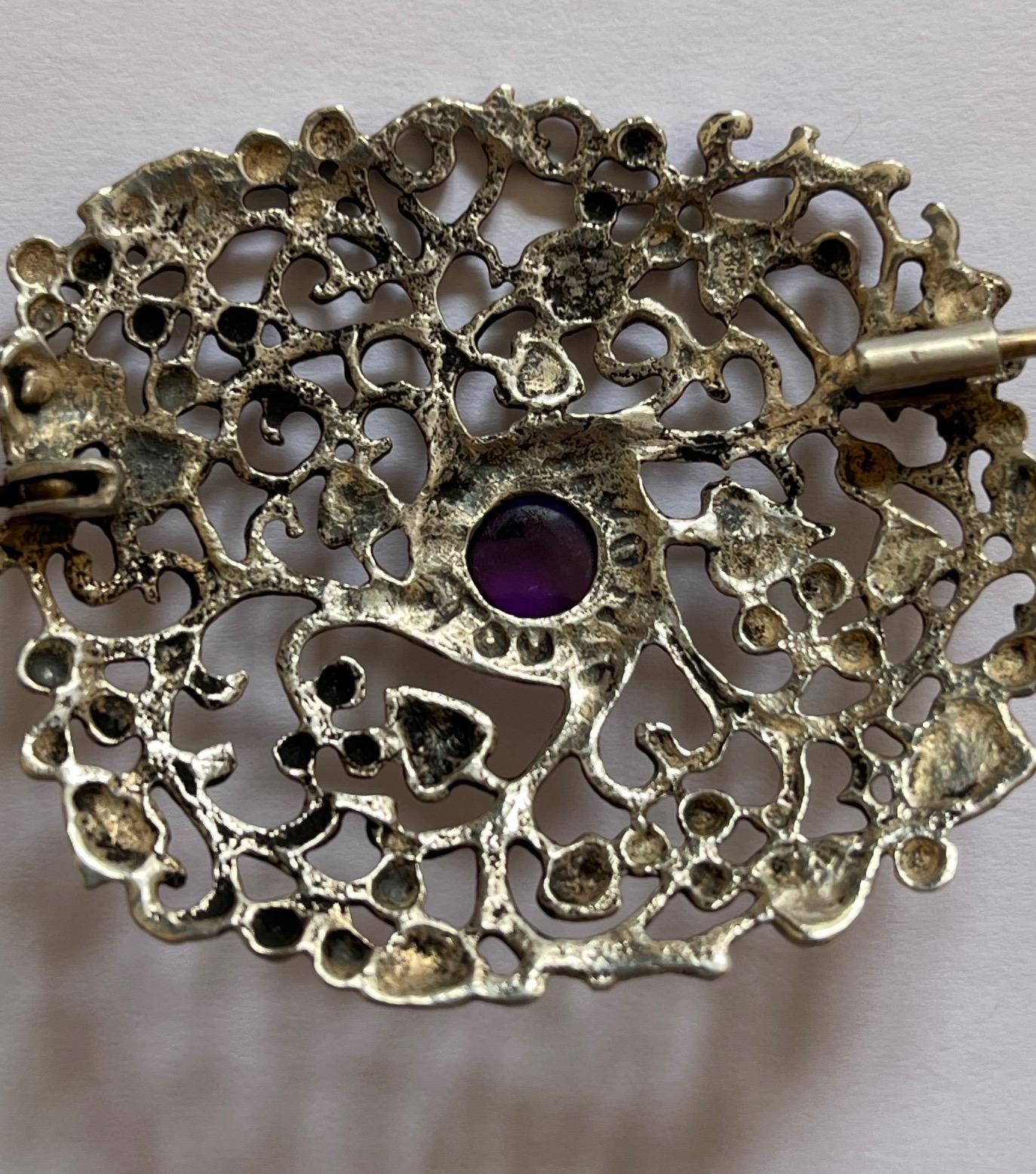 Women's Floral Silver Brooch with Purple Cabochon Center Signed For Sale