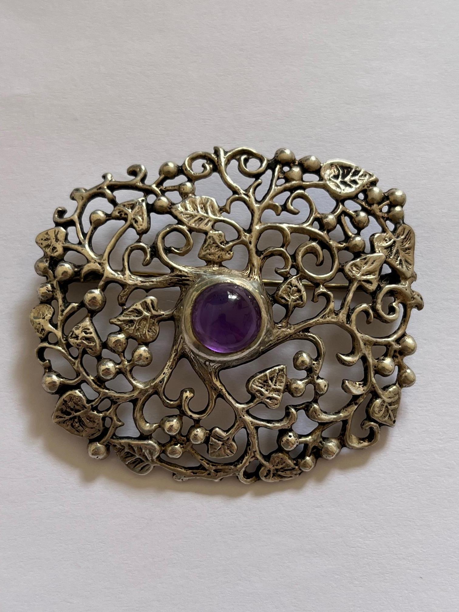 Floral Silver Brooch with Purple Cabochon Center Signed For Sale 1