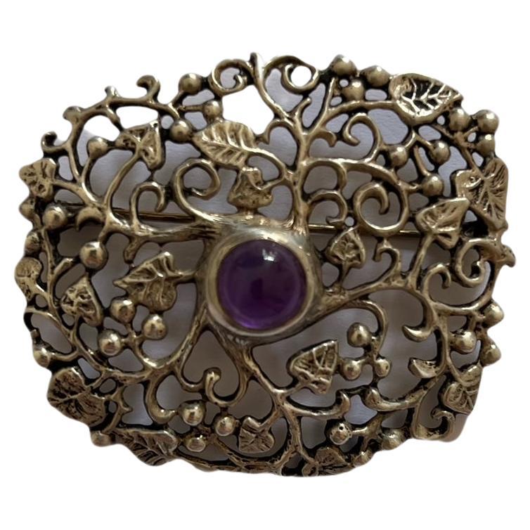 Floral Silver Brooch with Purple Cabochon Center Signed For Sale