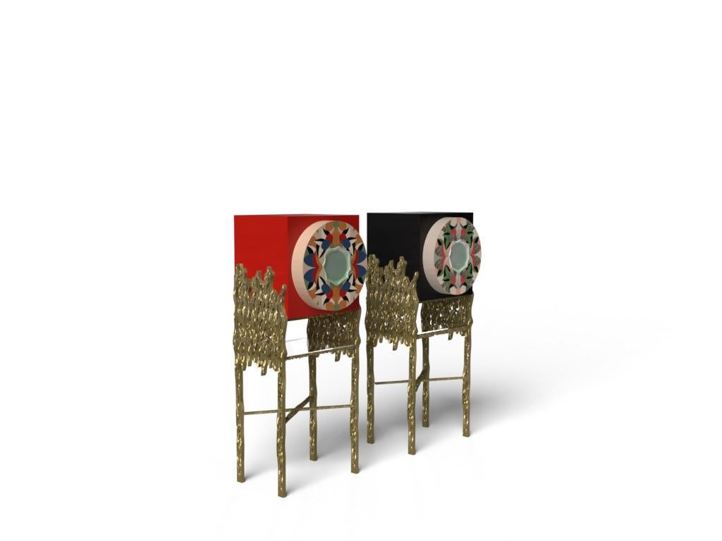 FLORAL-Mueble de madera maciza, cristal hecho a mano, latón macizo y chapa multicolor en venta 4