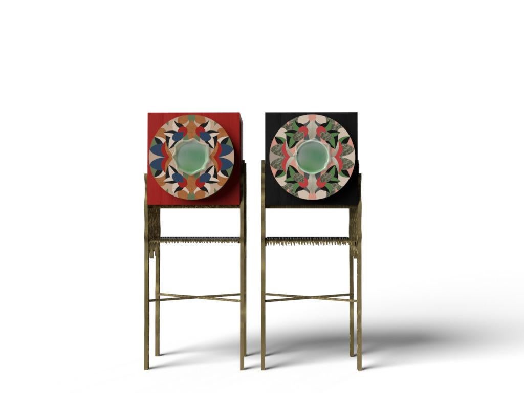 FLORAL-Mueble de madera maciza, cristal hecho a mano, latón macizo y chapa multicolor en venta 5