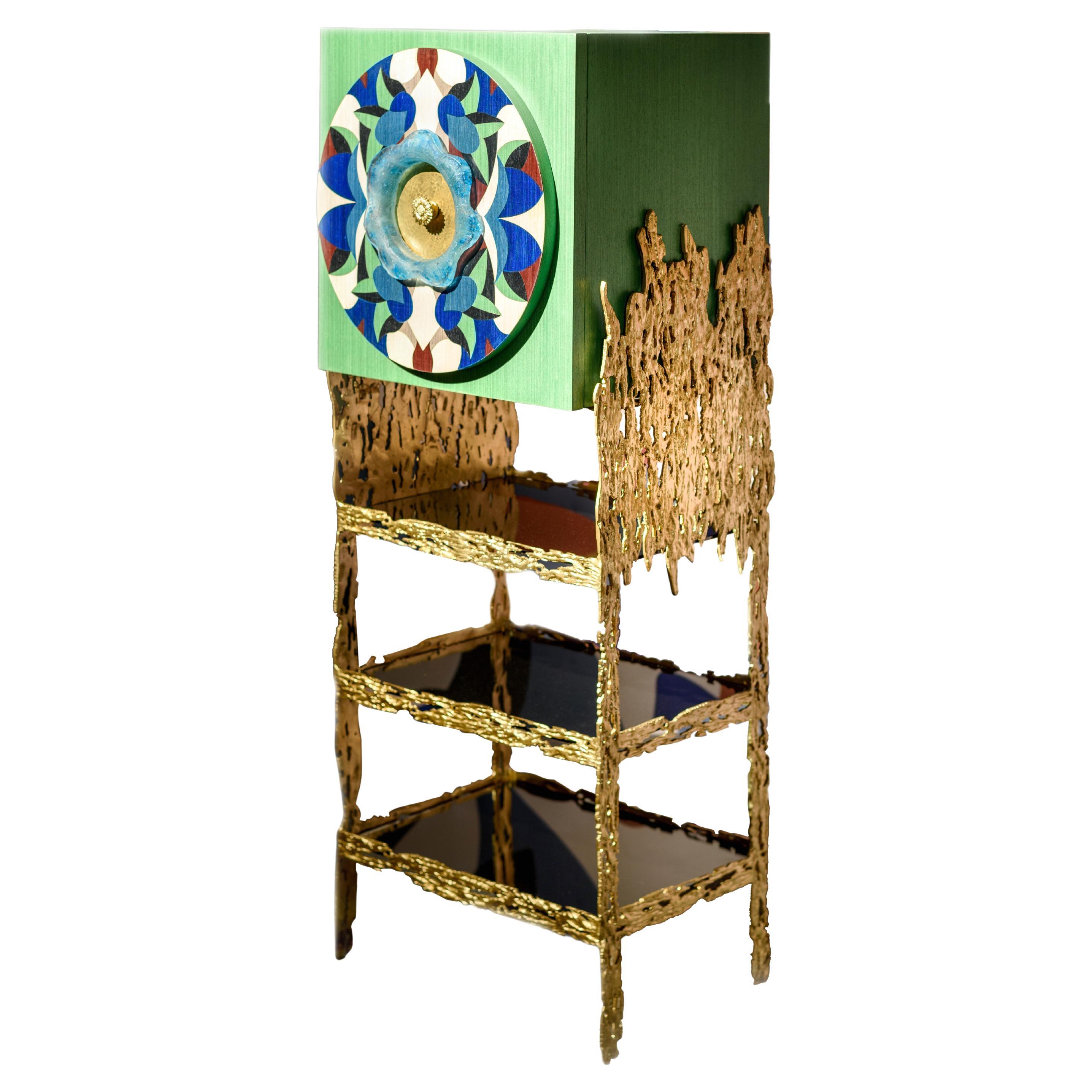 FLORAL-Mueble de madera maciza, cristal hecho a mano, latón macizo y chapa multicolor