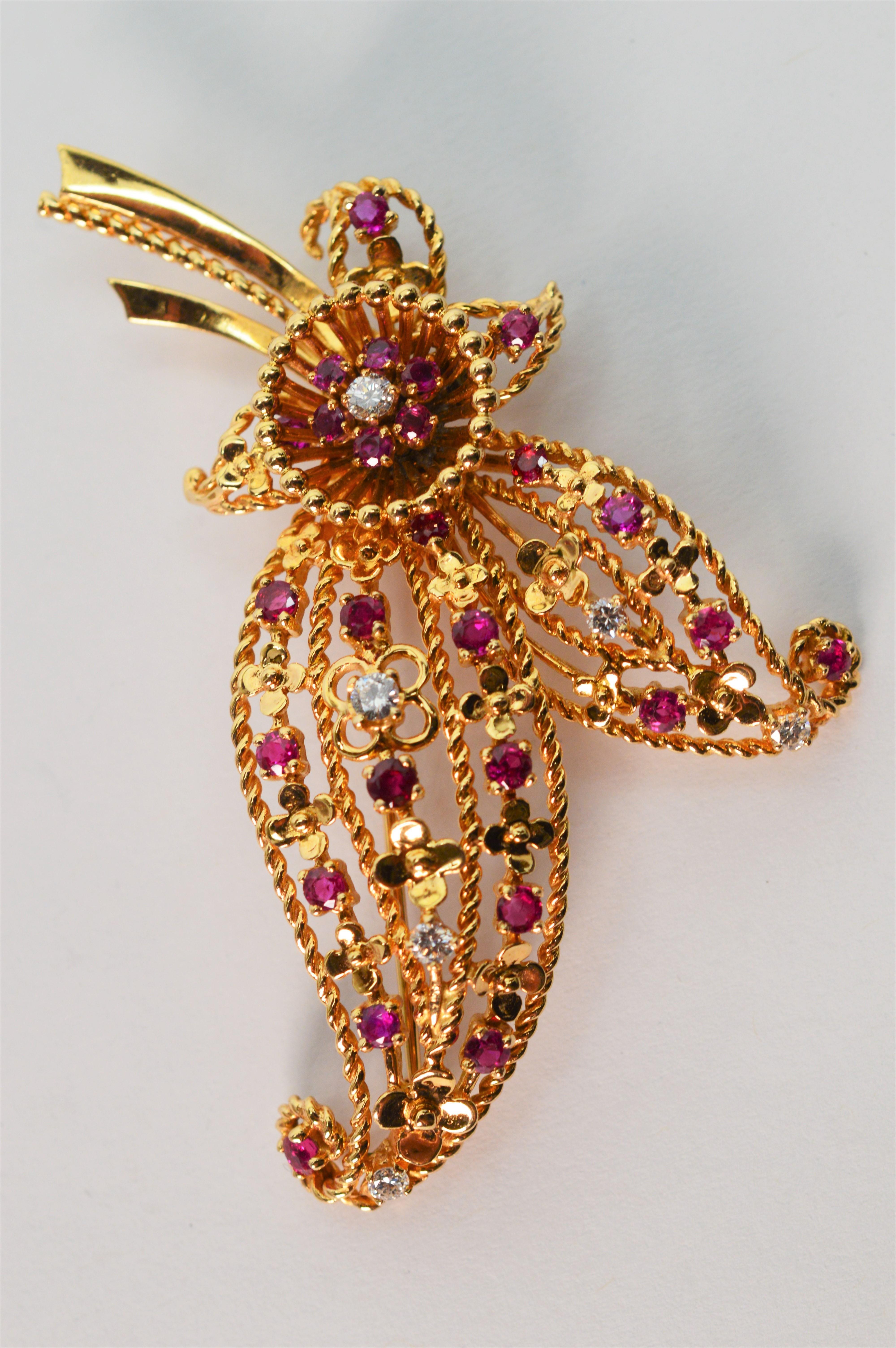 Round Cut Floral Spray Brooch with Ruby Diamond Accents For Sale