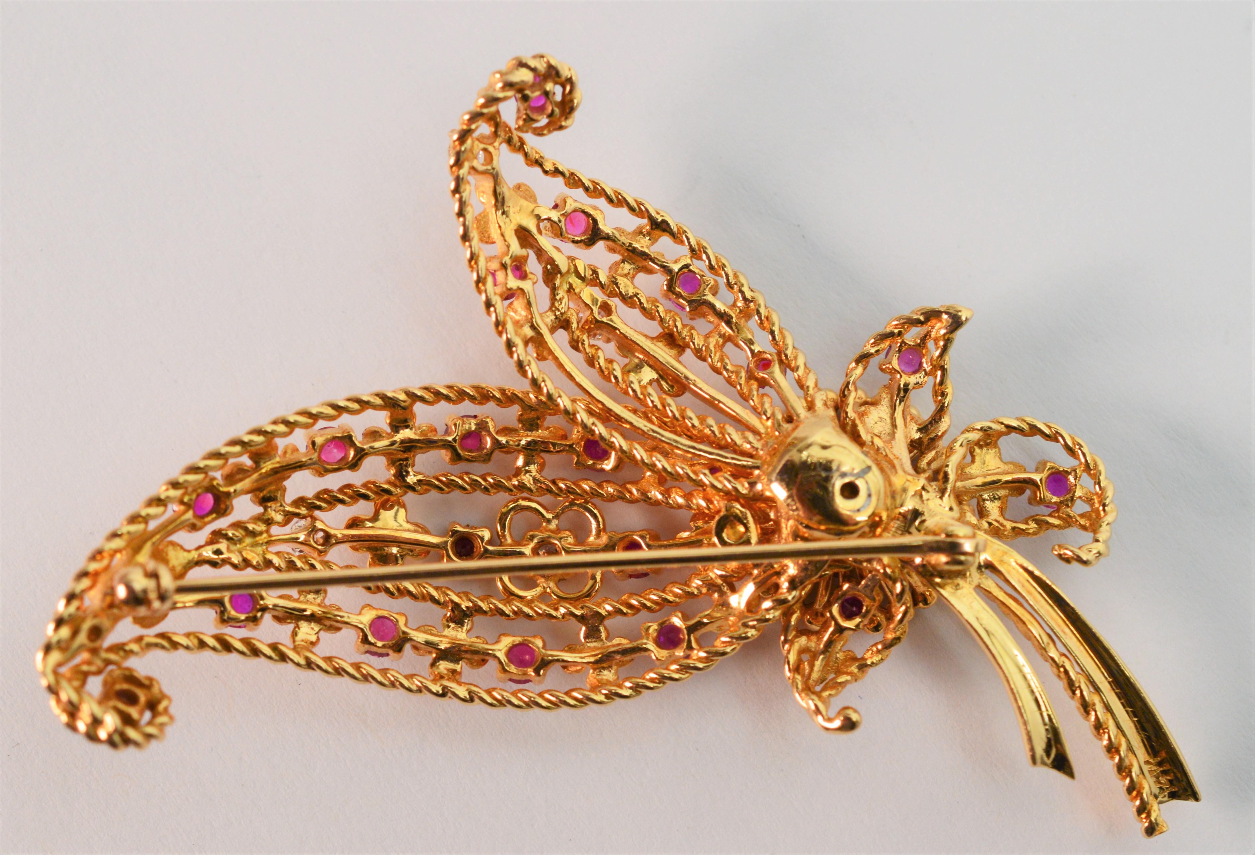 Floral Spray Brooch with Ruby Diamond Accents In Excellent Condition For Sale In Mount Kisco, NY