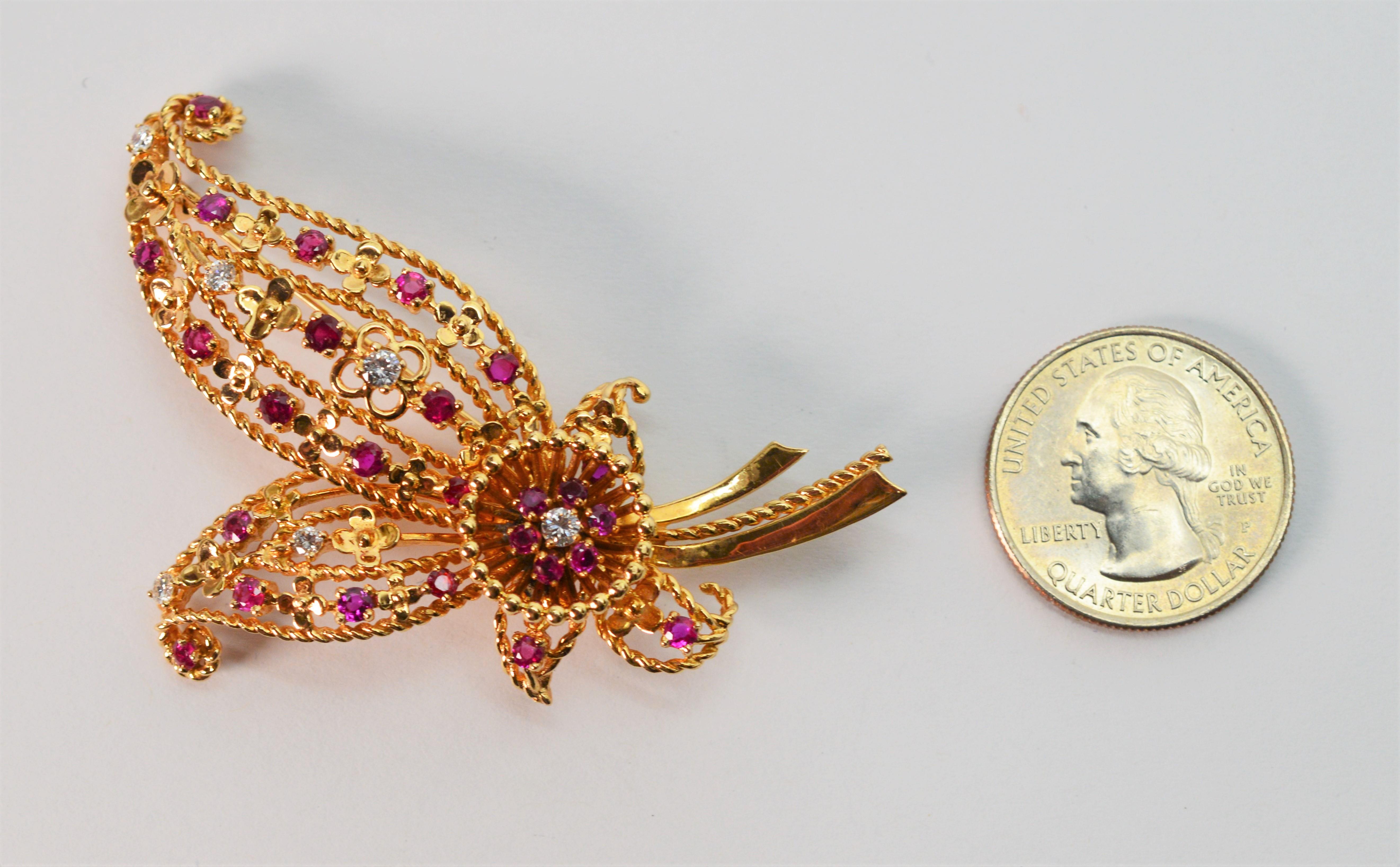 Women's Floral Spray Brooch with Ruby Diamond Accents For Sale